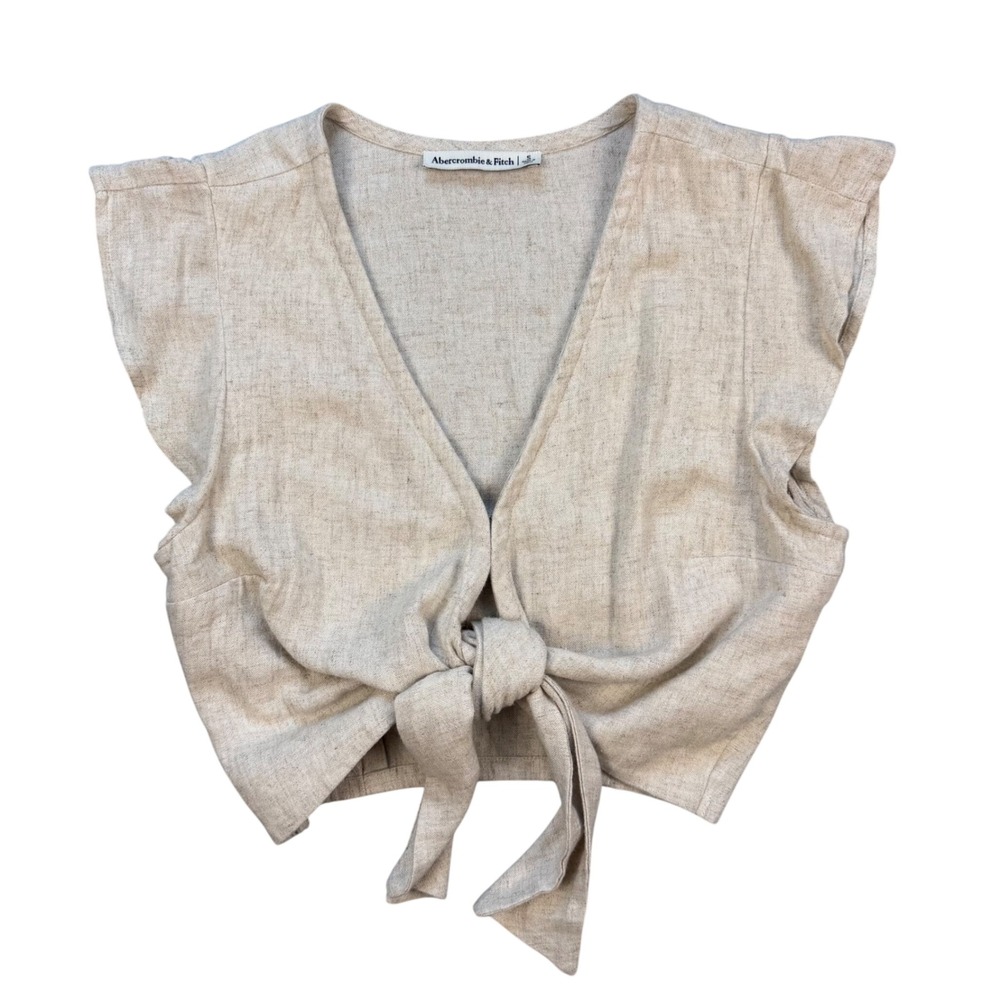 Abercrombie & Fitch Linen Blend Tie Front Crop Top Small Beige Neutral V-Neck